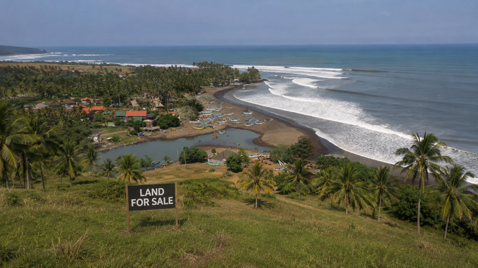 Aerial view of Medewi land for sale overlooking the surf break